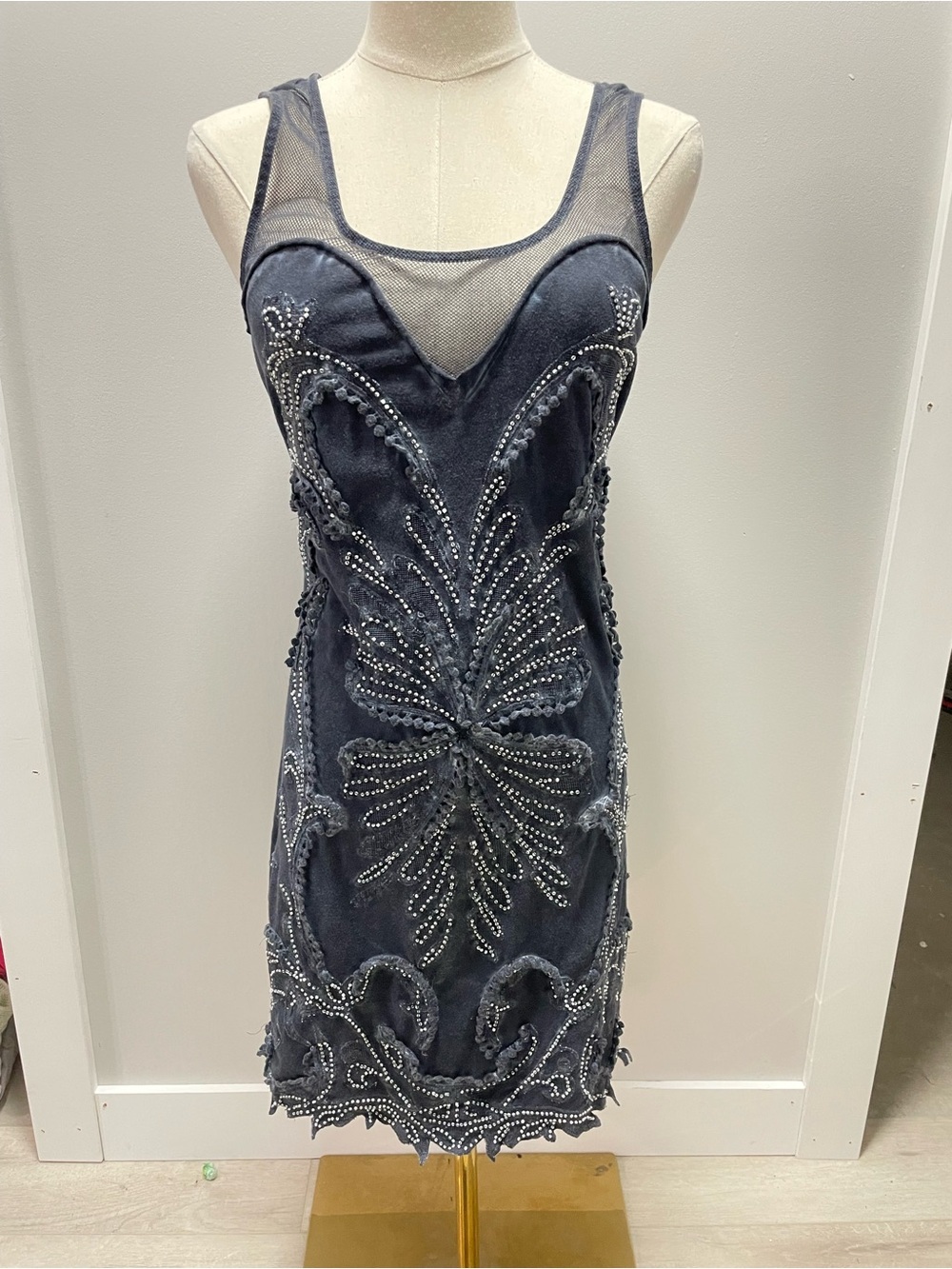 Free People Womens Ice Ice Baby Dress Studded Beaded Navy Blue. Size M